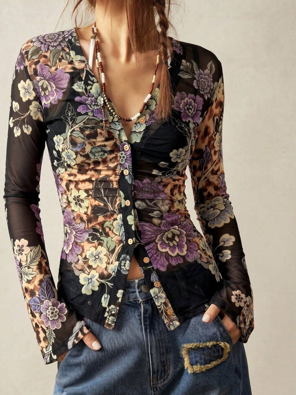 Black Casual Women's Boho Vacation Knit Mesh Printed Top - Picture 1 of 8